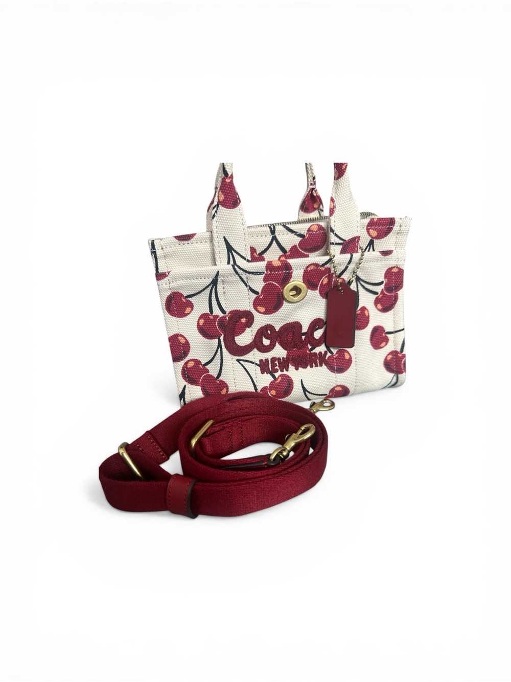 Coach White Cherry-Print Mini Tote with Removable Red Strap - Picture 10 of 14
